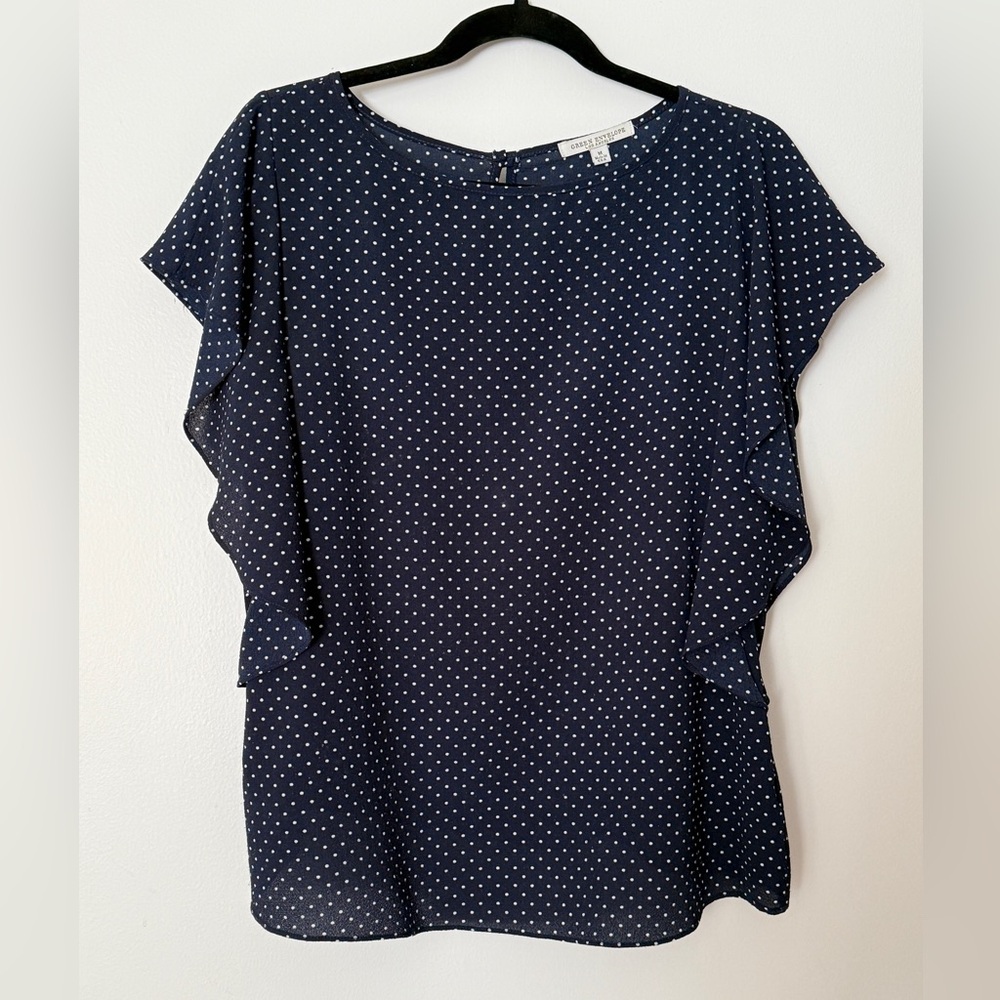 Green Envelope Navy and White Polka Dot Blouse